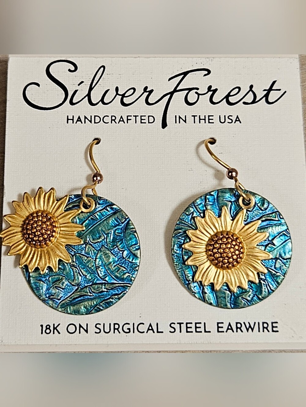 SILVER FOREST 18K ON SURGICAL STEEL BLUE & YELLOW SUNFLOWER EARRINGS - Picture 6 of 8